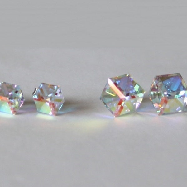 Titanium earrings 6mm or 8mm AB Clear Swarovski crystal cube studs-Hypoallergenic- Rainbow clear crystal cube earrings- sensitive ears