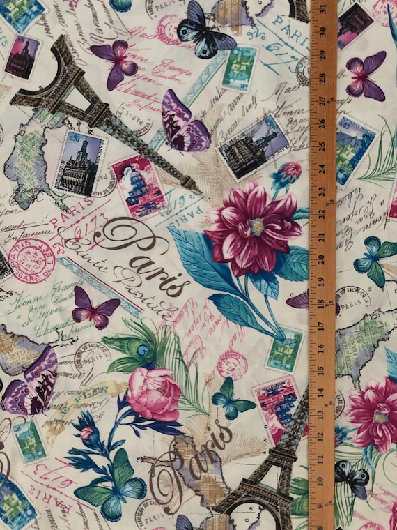 Paris Butterfly French Writing Scribe Butterflies Green Cotton Fabric FQ