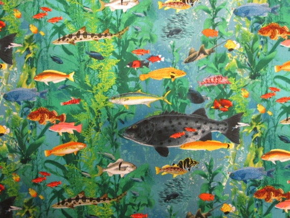 Realistic Fish Tackle Bass Trout More Colorful Black Cotton Flannel FQ