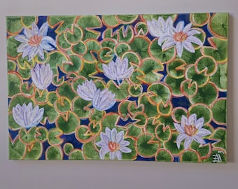 ORIGINAL Painting ready to hang 24 * 36" wall art Decor Water Lilies Azi Hs