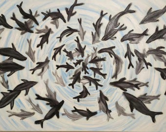 Ocean Life Oil Painting - Abstract Fish Art, 24x36" Ready to Hang