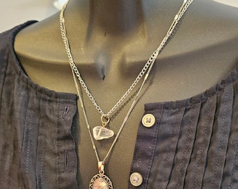 handcrafted unique statement necklace Cameo Stone Wood puka Bead pendant jewelry