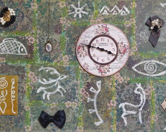 original collage 24 by 36" Painting modern fine art stretched canvas & clock , Passage of Time , ready to hang