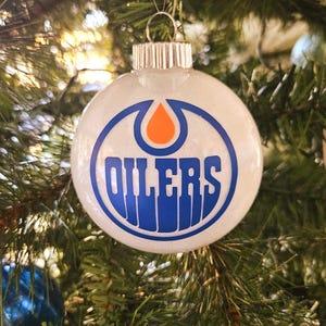 Edmonton Oilers Ornament - Weiße glitzernde Scheibe, Oilers Logo, Hockeyspieler Geschenk