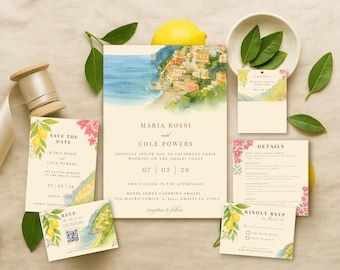 Amalfi Coast Wedding Invitation Suite, Watercolor Lemon, Italian Destination (Canva Template)