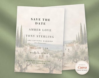 May include: A rectangular save the date card featuring a watercolor illustration of a landscape in Puglia, Italy, with cypress trees and stone buildings. The text reads: SAVE THE DATE, AMBER LOVE & TONY STERLING, ARE GETTING MARRIED IN PUGLIA, 05 20 28.