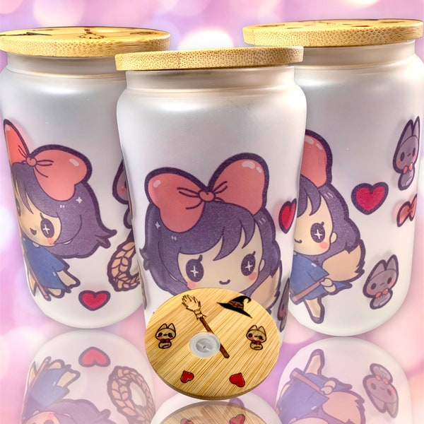 Kawaii anime Kikis delivery service ghibli theme 16oz glass can cup great gift idea gift for birthday gifts Valentine’s Day gift