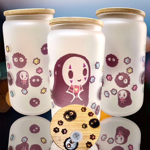 Kawaii Ghibli theme spirited away no face soot and sprite 16oz glass can cup great gift for birthday gifts for everyone Valentine’s Day gift