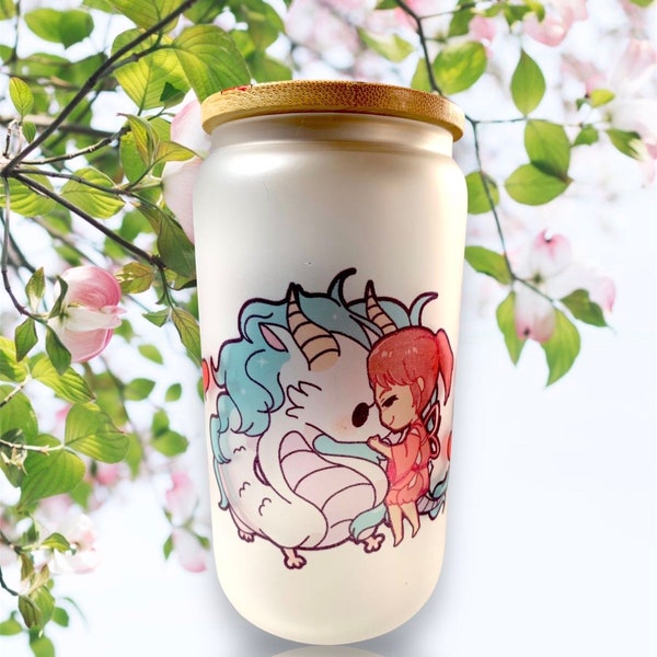 Kawaii Spirited away Haku dragon and Chihiro Ghibli theme 16oz glass can cup great gift idea gift for birthday gifts Valentine’s Day gift