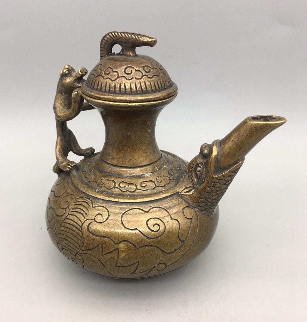 Retro Brass Carved Gilded Bat Teapot Home Feng Shui Ornament - Etsy