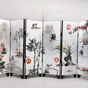 Paravent rétro en bois laqué : paravent floral en bambou