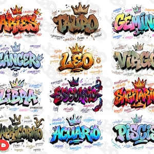 Könnte beinhalten: Eine Sammlung von zwölf Graffiti-Designs von Tierkreiszeichen. Jedes Zeichen ist in fetten, farbenfrohen Buchstaben mit einer Krone und zugehörigen Eigenschaften geschrieben. Die Zeichen umfassen Widder, Stier, Zwillinge, Krebs, Löwe, Jungfrau, Waage, Skorpion, Schütze, Steinbock, Wassermann und Fische.
