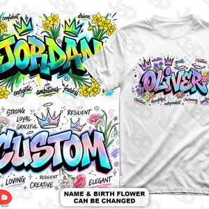 Op de afbeelding: Wit T-shirt met een kleurrijk graffiti-ontwerp met de naam "OLIVER", omringd door bloemmotieven en woorden als "creatief" en "charmant". Extra ontwerpen met de namen "JORDAN" en "CUSTOM" zijn ook te zien.