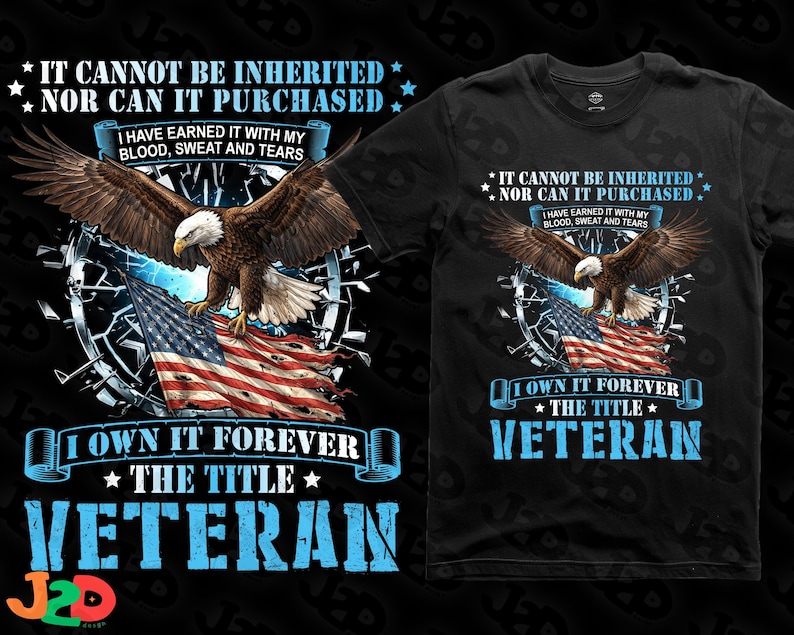 May include: Black t-shirt featuring a graphic of an eagle with outstretched wings, clutching an American flag. Text includes "It Cannot Be Inherited" and "I Own It Forever, The Title Veteran."