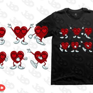Könnte beinhalten: Ein schwarzes T-Shirt und mehrere rote herzförmige Charaktere mit Brille, Armen und Beinen. Die Herzen sind in verschiedenen Posen, einige mit erhobenen Armen. Das Bild enthält auch ein Logo.