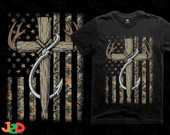 Deer Antlers Cross Fishing Hook SVG PNG: Camo Flag Christian Hunting T-Shirt File