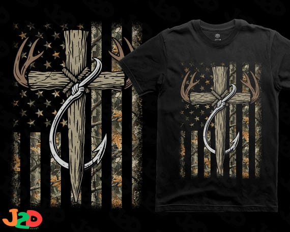 Deer Antlers Cross Fishing Hook SVG PNG: Camo Flag Christian Hunting T-Shirt File
