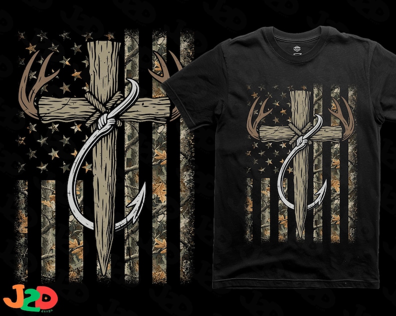 May include: Black t-shirt featuring a graphic design with a wooden cross, fishing hook, and deer antlers. The design incorporates elements of the American flag, with stars and stripes, and a camouflage pattern.