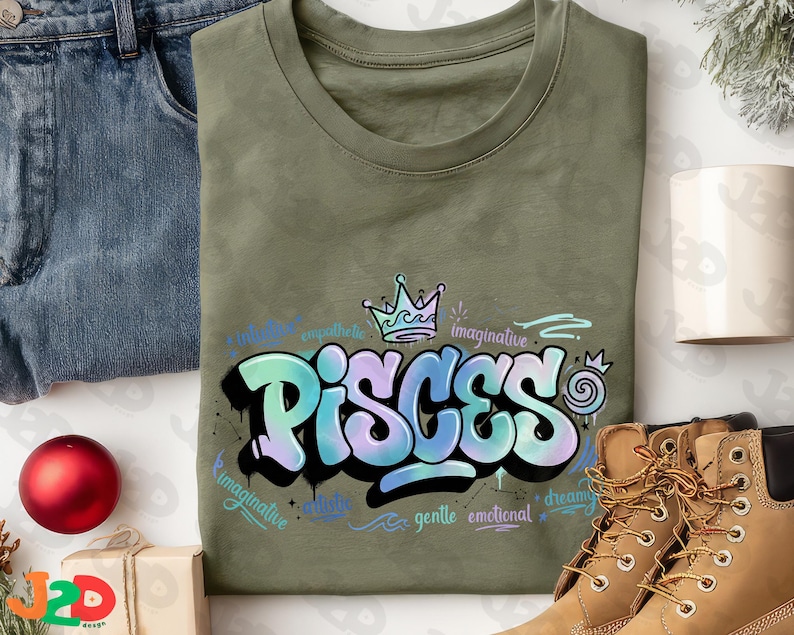 May include: An olive green t-shirt featuring the word "PISCES" in a graffiti-style design with blue and purple hues. The design includes a crown and the words "imaginative", "artistic", "gentle", and "emotional".