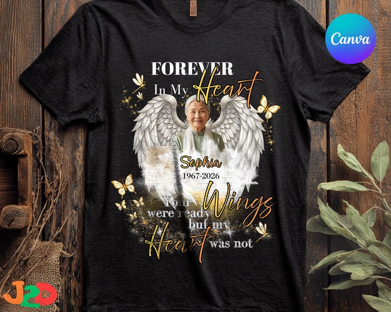 Forever In My Heart Canva Template, Personalized Memorial Shirt Design, Custom Photo Wings Tribute, Editable Name Sympathy Design image 4
