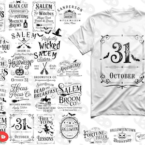 May include: White t-shirt with a black graphic featuring the number 31, bats, and the word "October" in a decorative frame. Surrounding the shirt are various Halloween-themed logos and text designs in black and white.