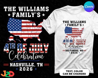 Plantilla de Canva para el 4 de julio en familia, diseño personalizado de camiseta con mapa de EE. UU., descarga PNG patriótica editable con nombre, ciudad y año de la familia.