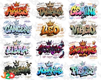Zodiac Graffiti PNG Bundle: All 12 Signs Horoscope Street Art Sublimation File