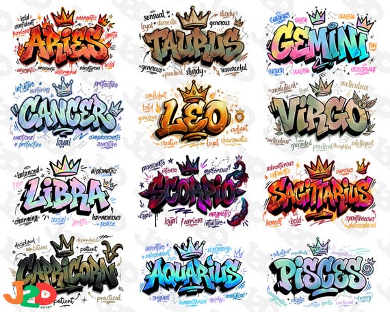Zodiac Graffiti PNG Bundle: All 12 Signs Horoscope Street Art Sublimation File