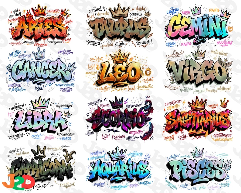 May include: A collection of twelve colorful graffiti-style zodiac sign designs. Each sign is depicted with its name, a crown, and associated traits. The signs include Aries, Taurus, Gemini, Cancer, Leo, Virgo, Libra, Scorpio, Sagittarius, Capricorn, Aquarius, and Pisces.