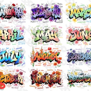 May include: A collection of twelve colorful designs, each representing a month of the year. The word for each month is written in a graffiti style, surrounded by flowers and related words. The designs feature a variety of colors and fonts.