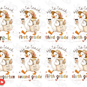May include: A digital illustration sheet featuring eight identical ducks wearing straw hats, each holding a coffee cup and a tote bag labeled 'teach love inspire'. The text 'off to teach' appears above each duck, with grade levels including pre-k, first, second, third, fourth, fifth, sixth grade, and kindergarten below.