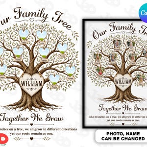 May include: A family tree wall art print featuring a large brown tree with heart-shaped photo frames hanging from branches. The text reads Our Family Tree and Together We Grow, with a large heart at the base labeled William. Includes inspirational text.