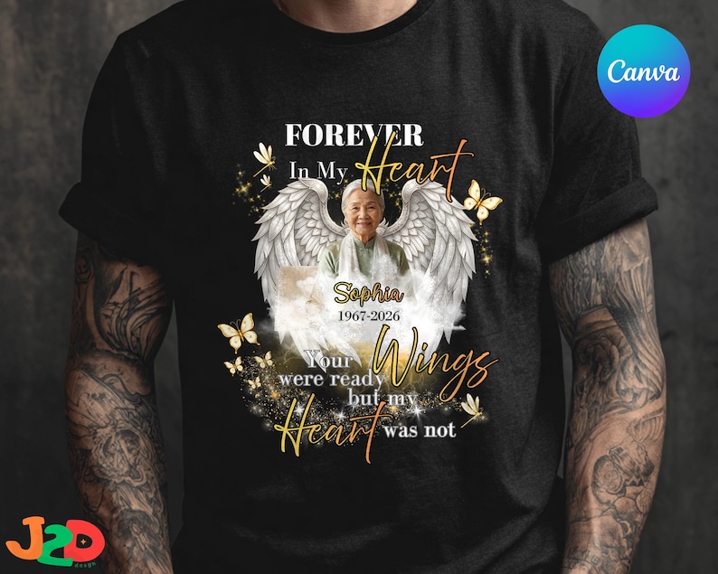 Forever In My Heart Canva Template, Personalized Memorial Shirt Design, Custom Photo Wings Tribute, Editable Name Sympathy Design image 2