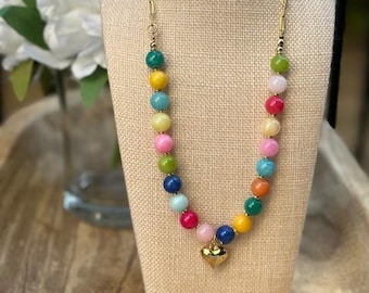 Handmade Jade Beaded Necklace with Gold Heart Charm