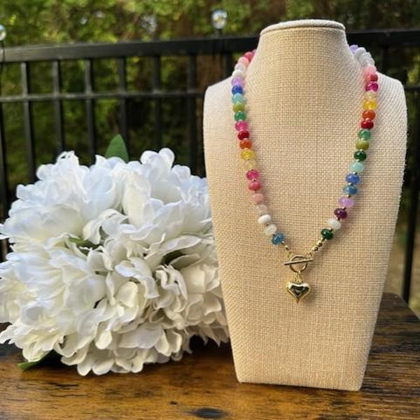Colorful Rainbow Rondelle Stone Bead Necklace | 18K Gold Plated Heart Charm, Statement Jewelry