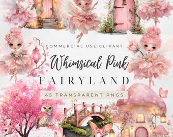 Pink Fairy Clipart, Whimsical Fairyland PNG Set, Watercolor Fairy Girls, Doors, Cottage, Bridge, Bunny, Lanterns, Commercial Use