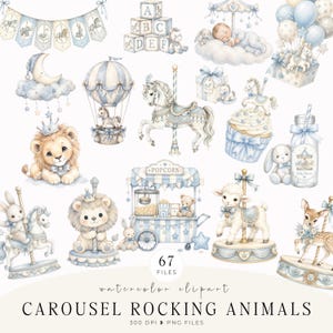 Può includere: Una collezione di illustrazioni ad acquerello con animali da giostra, un carretto dei popcorn, blocchi dell'alfabeto e motivi per bambini in tonalità blu e crema. Il set include un leone, un coniglio, un agnello, un cervo e un cavallo.