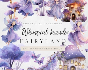 Whimsical Lavender Fairy Clipart, Magical Fairyland PNGs, Fantasy Fairy House, Purple Mushrooms, Enchanted Forest, Digital Download