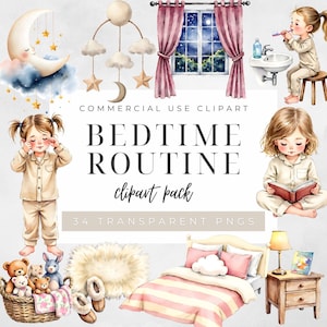 Op de afbeelding: Watercolor clipart set met een bedtijdroutine thema. Bevat illustraties van een meisje in pyjama, een bed, een maan, sterren en de tekst "BEDTIME ROUTINE clipart pack". 34 transparante PNG's.