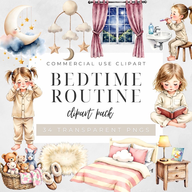 Bedtime Routine Animated Bedtime Routine Clipart Bundle | Cute Kids Pajama Illustrations ...