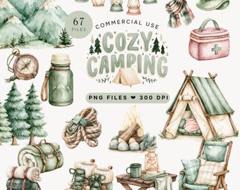 Watercolor Camping Clipart Set, Cozy Outdoor Adventure Gear, 67 PNG Elements, Commercial Use