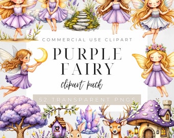 Op de afbeelding: Digitaal clipartpakket met illustraties van feeën in paarse jurken met bloemenkransen en vleugels. De afbeelding bevat de tekst "PURPLE FAIRY clipart pack" en "52 TRANSPARENT PNGs". Extra elementen zijn een boom, konijn, hert en een paddenstoelenhuis.