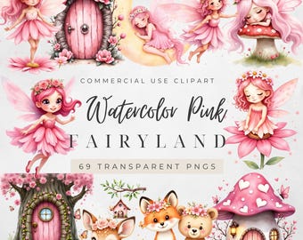Aquarel roze sprookjesland clipartbundel | Schattige feeën, dieren en sprookjeshuizen | 69 png-bestanden | Digitale download pastel fantasie