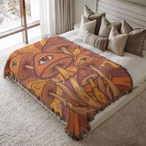 Psychedelic Mushroom Woven Blanket, Trippy Tapestry Throw, Boho Cottagecore Gift, Third Eye Mystic Wall Decor, Hippie Home Decor Blanket