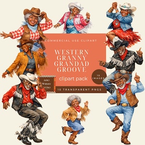May include: A digital illustration featuring multiple dancing figures in Western-style attire. The image includes text that reads "WESTERN GRANNY GRANDAD GROOVE clipart pack" and "COMMERCIAL USE CLIPART". The figures are dressed in cowboy hats, vests, and boots.