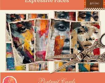 Può includere: Una collezione di 12 biglietti ritratto stampabili con volti espressivi con arte astratta colorata. I biglietti hanno un effetto carta strappata e sono accompagnati da forbici decorative. Il testo "Expressive Faces" e "Portrait Cards" è visibile.