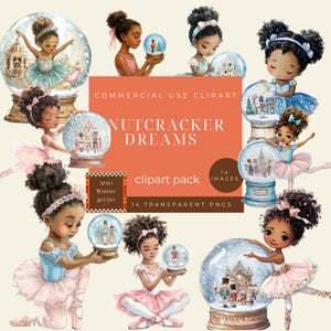 May include: A digital clipart pack featuring illustrations of young ballerinas with snow globes. The snow globes depict scenes from the Nutcracker ballet. The text "NUTCRACKER DREAMS" and "clipart pack" are also visible.