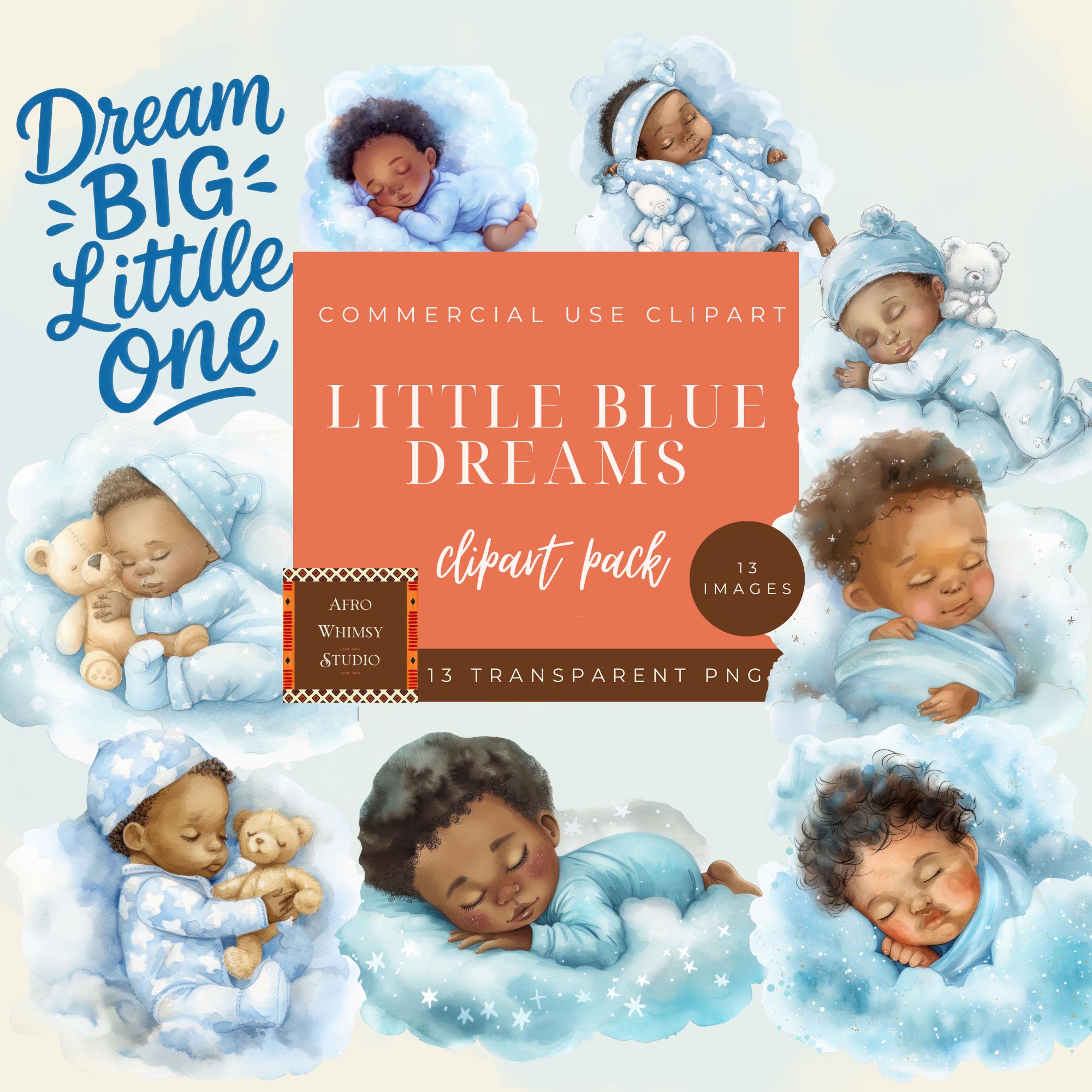 Watercolor African American Baby Boy Sleeping on Cloud Pngs