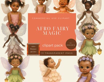 Flower Fairy Girls Clipart, Afro Fairy Clipart PNG, Cute Baby Fairy Illustrations, Watercolor Petal Dress Fairies
