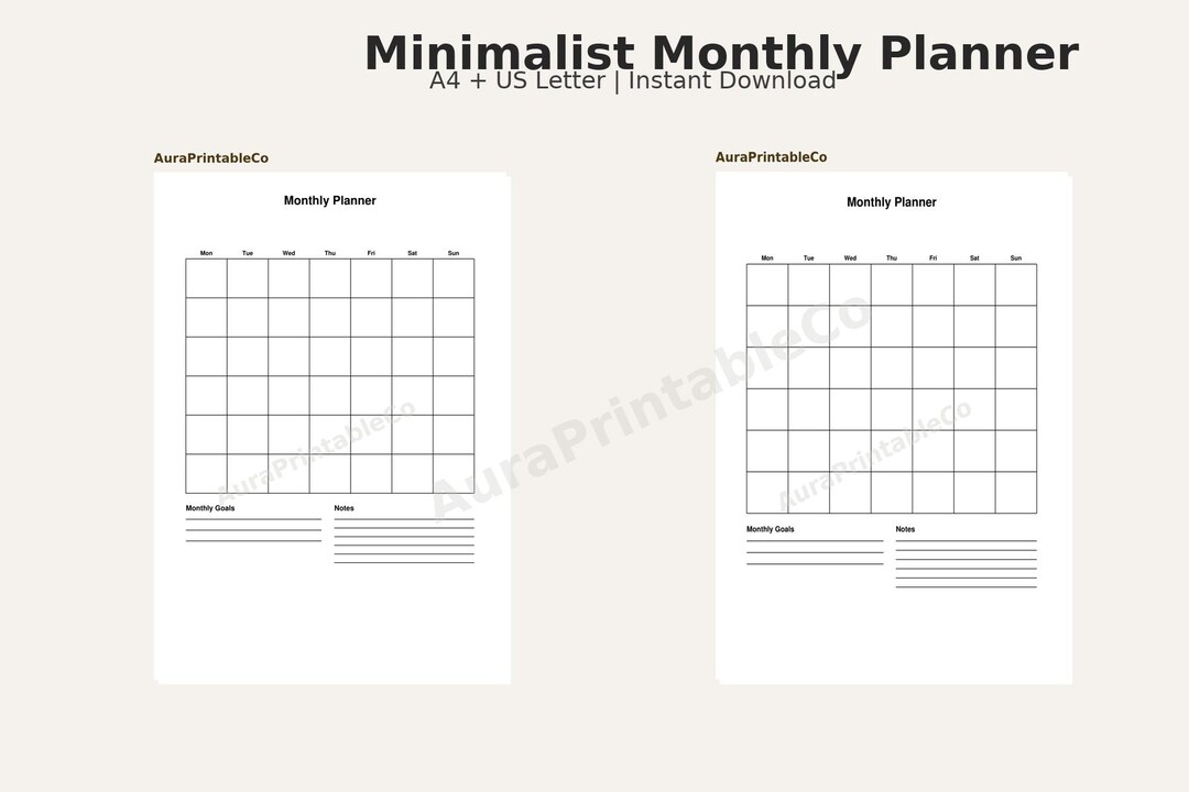 Minimalist Monthly Planner Printable PDF | Undated Calendar